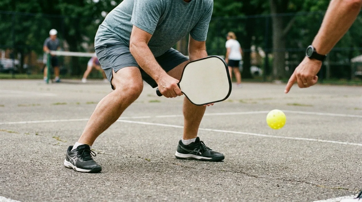 Close view of a balanced transition-zone player preparing a low reset