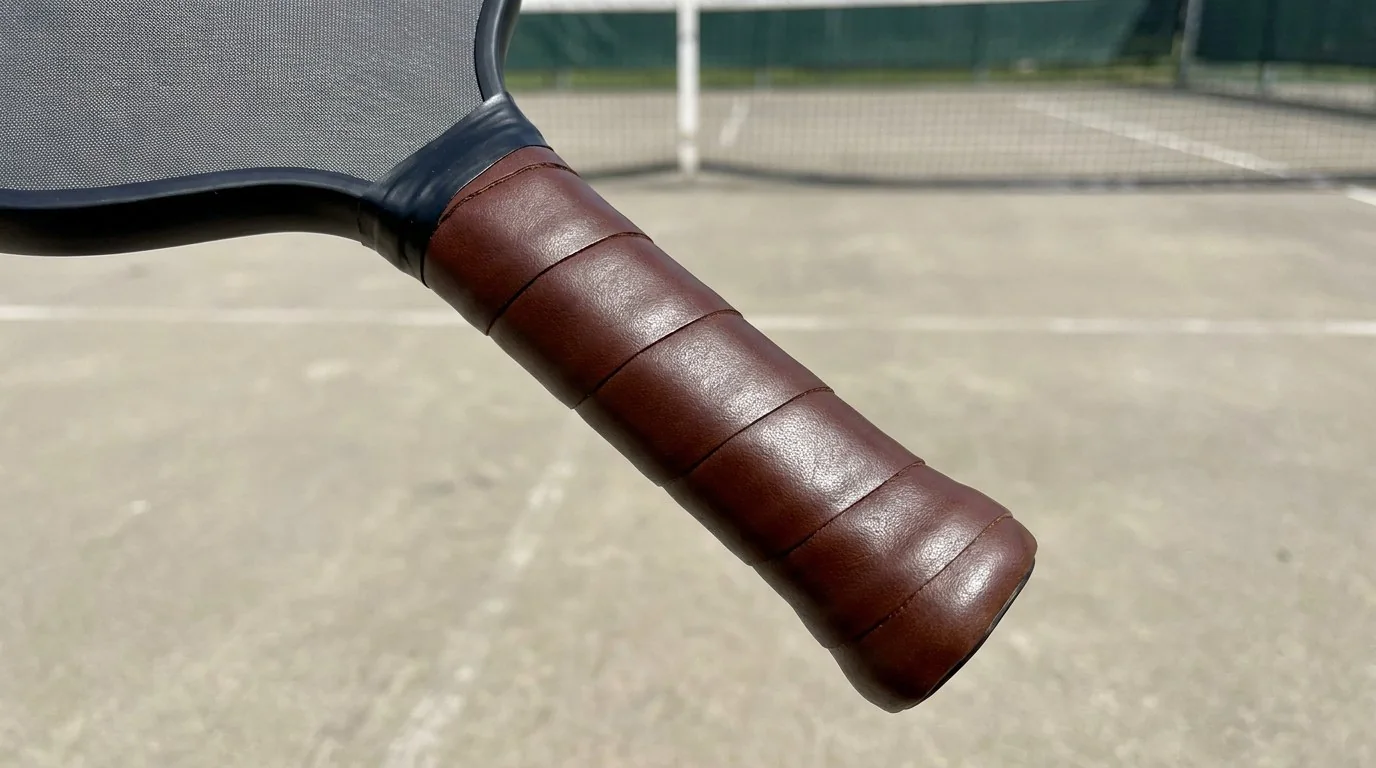 Hände wickeln einen Pickleball-Overgrip mit gleichmäßiger Überlappung