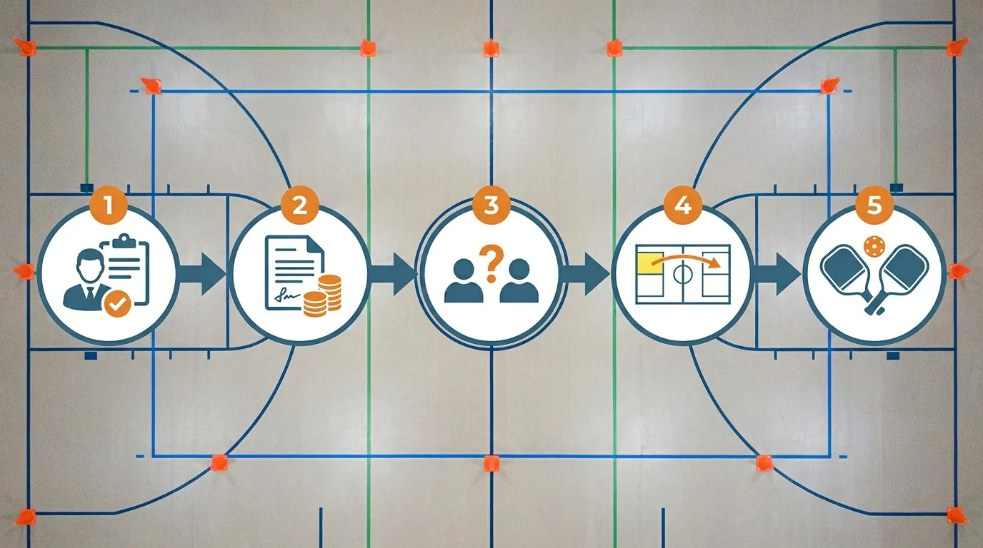 Five-stage pickleball tournament check-in workflow shown as a visual diagram