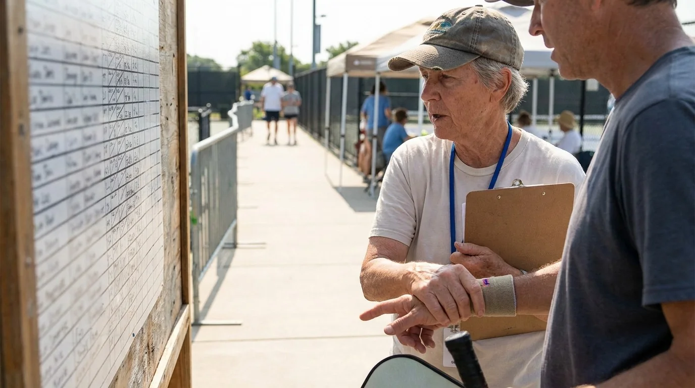 Pickleball tournament volunteer checking a player and directing them toward the courts