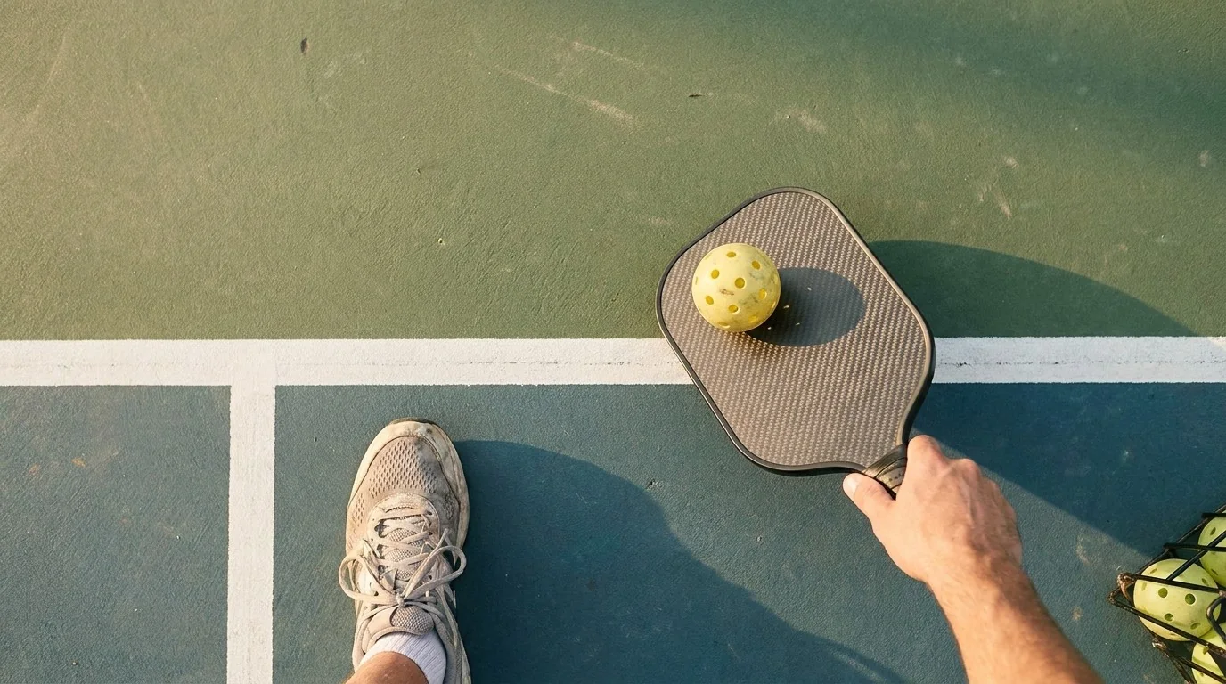 Pickleball player calibrating grip pressure by bouncing a ball on the paddle face