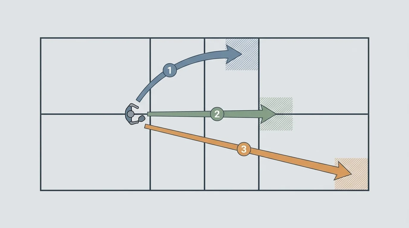 Pickleball shot-matching diagram for a soft dink, compact block, and controlled drive