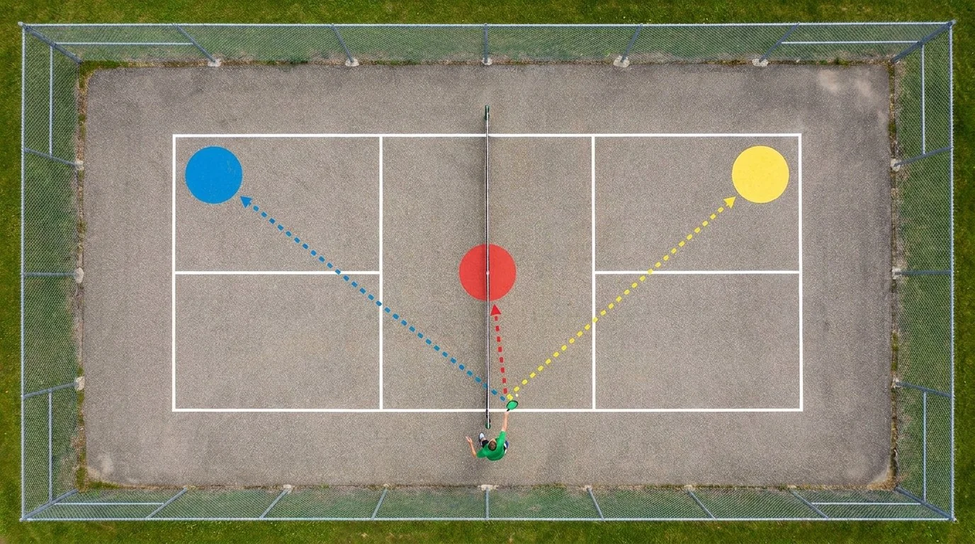 サーブの深い目標と中央・ボディー側の選択を示すコート図