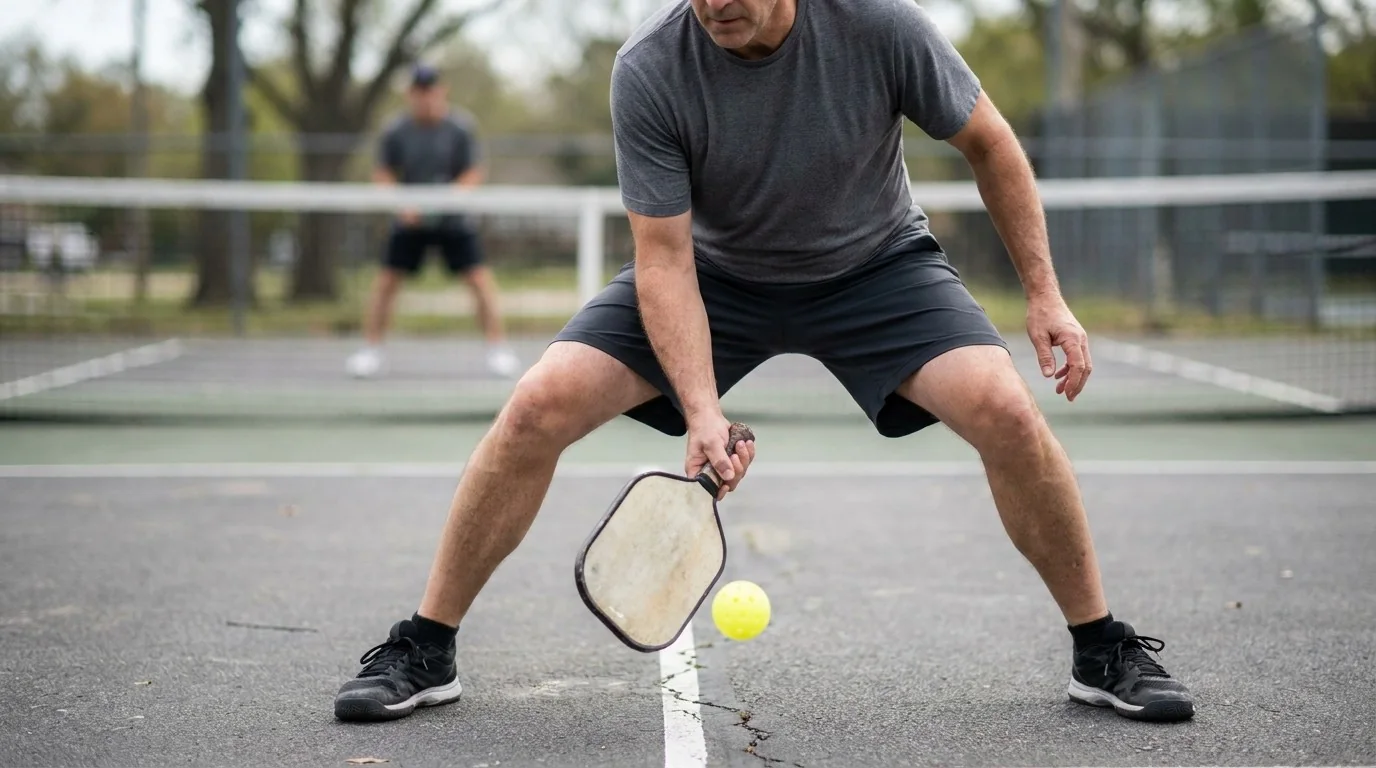Close view of a low half-volley reset with a balanced base and paddle in front