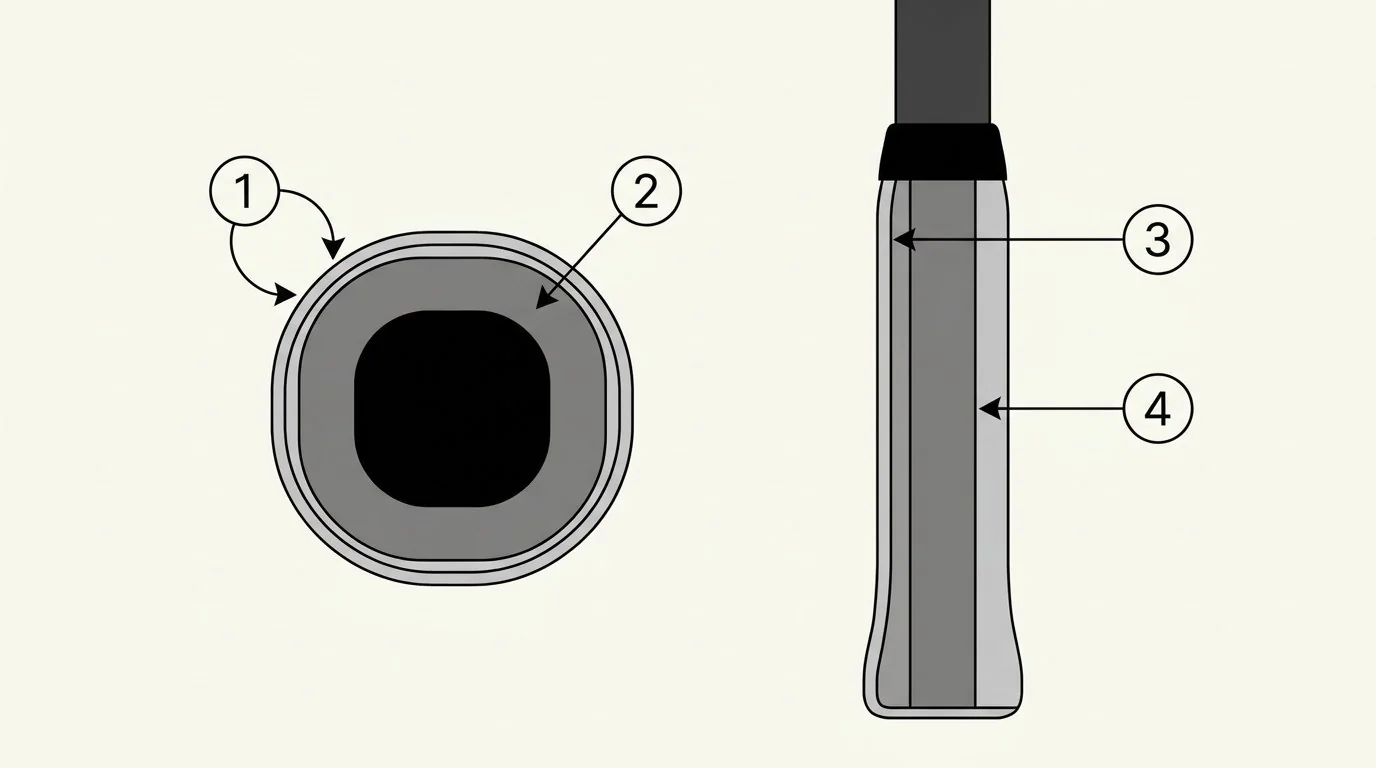 Sơ đồ phân biệt overgrip mỏng và grip gốc dày trên cán vợt pickleball
