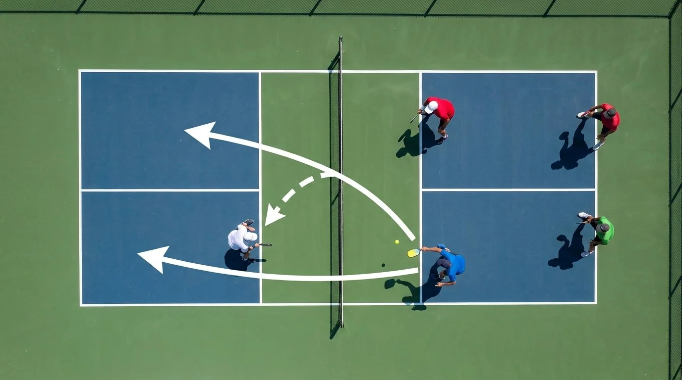 Aufsicht auf ein Pickleball-Doppel mit Wechsel in die bevorzugten Seiten