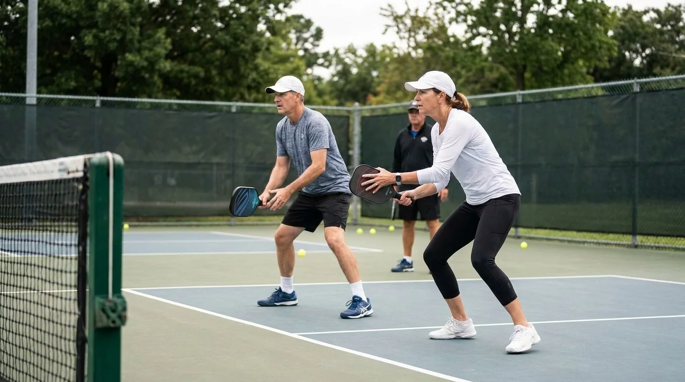 Pickleball-Platz mit Rückschlag, Wechselweg und Abbruch des Wechsels
