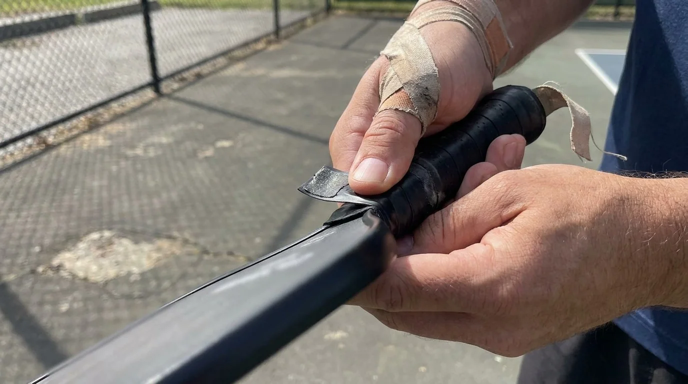 Player checking a loose and flattened pickleball paddle grip by hand