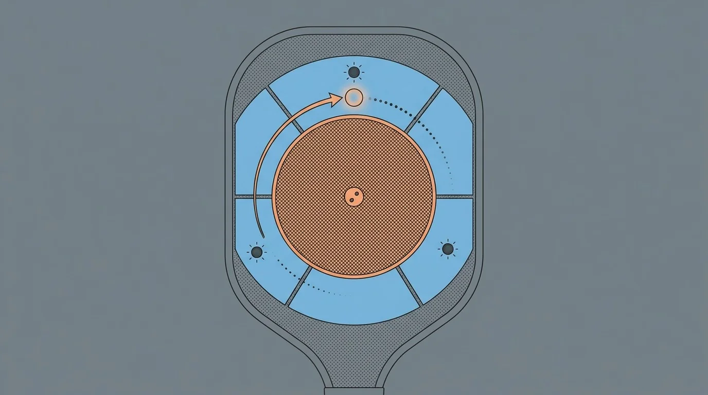 Diagram showing a central consistent-contact area and off-center contact areas on a pickleball paddle
