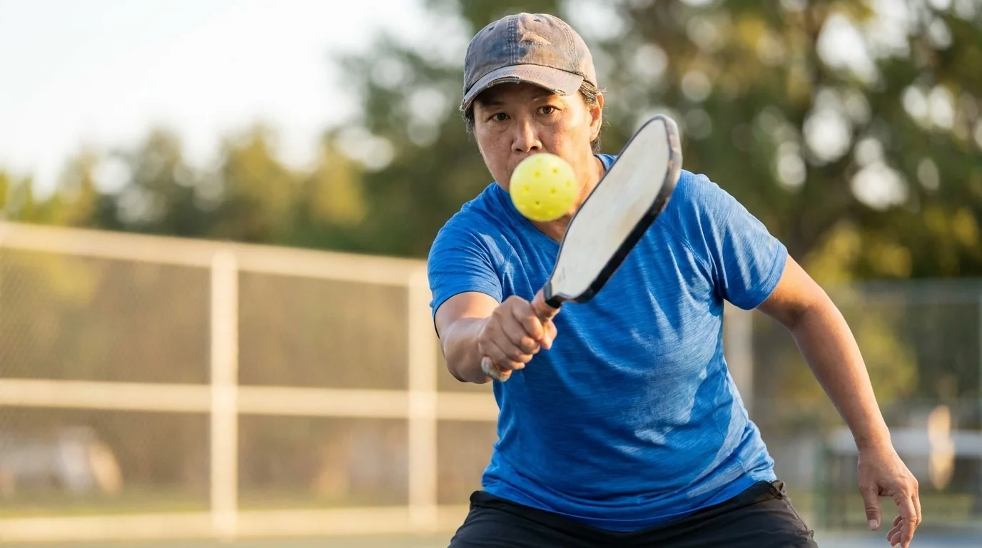Pickleball player practising controlled centered contact with a paddle and ball