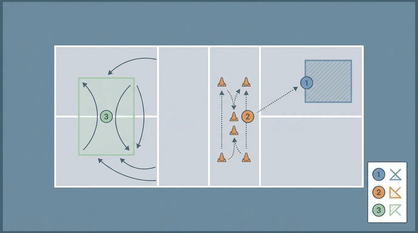 Diagrama de tres estaciones visuales para una sesión de entrenamiento de pickleball
