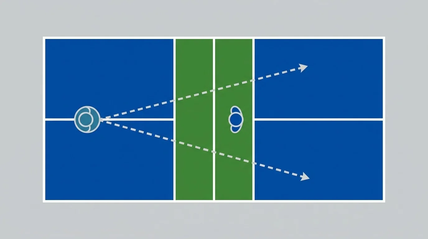 Pickleball-Einzel: Position zwischen den möglichen Passierwinkeln