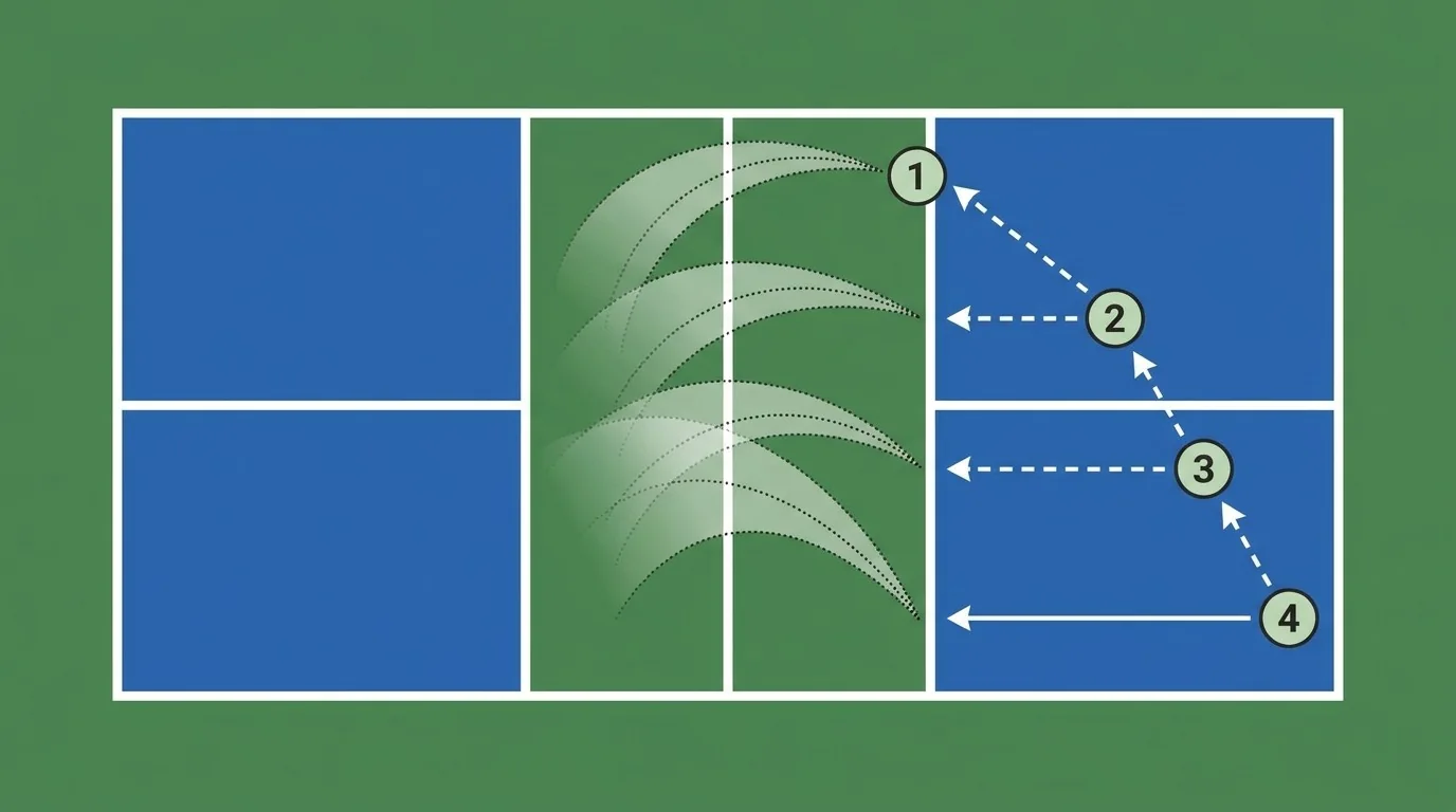 Overhead diagram of a progressive third-shot drop path from the kitchen to the baseline