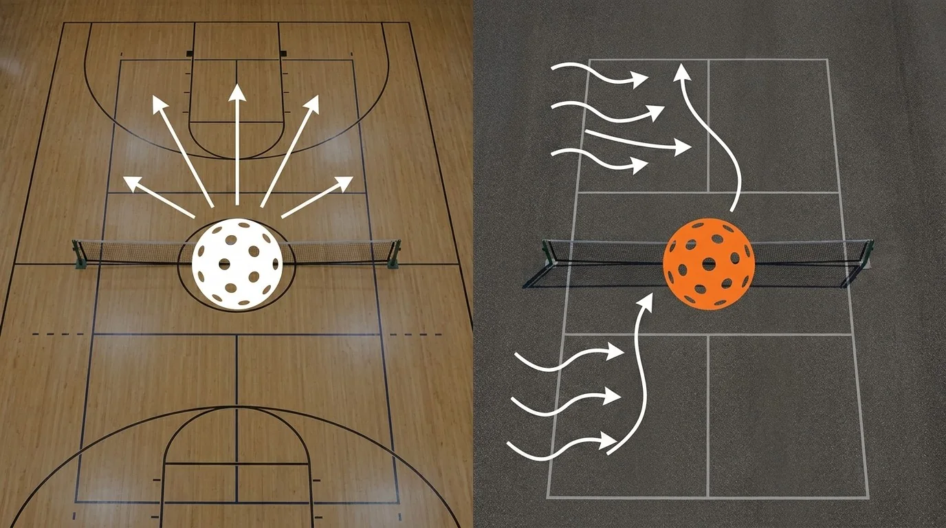 Schematischer Vergleich von Indoor- und Outdoor-Ball sowie Windwirkung