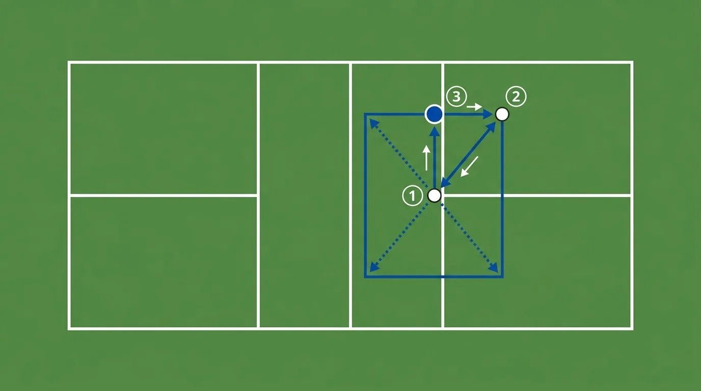Overhead diagram showing ready stance, contact-time hop, and balanced landing