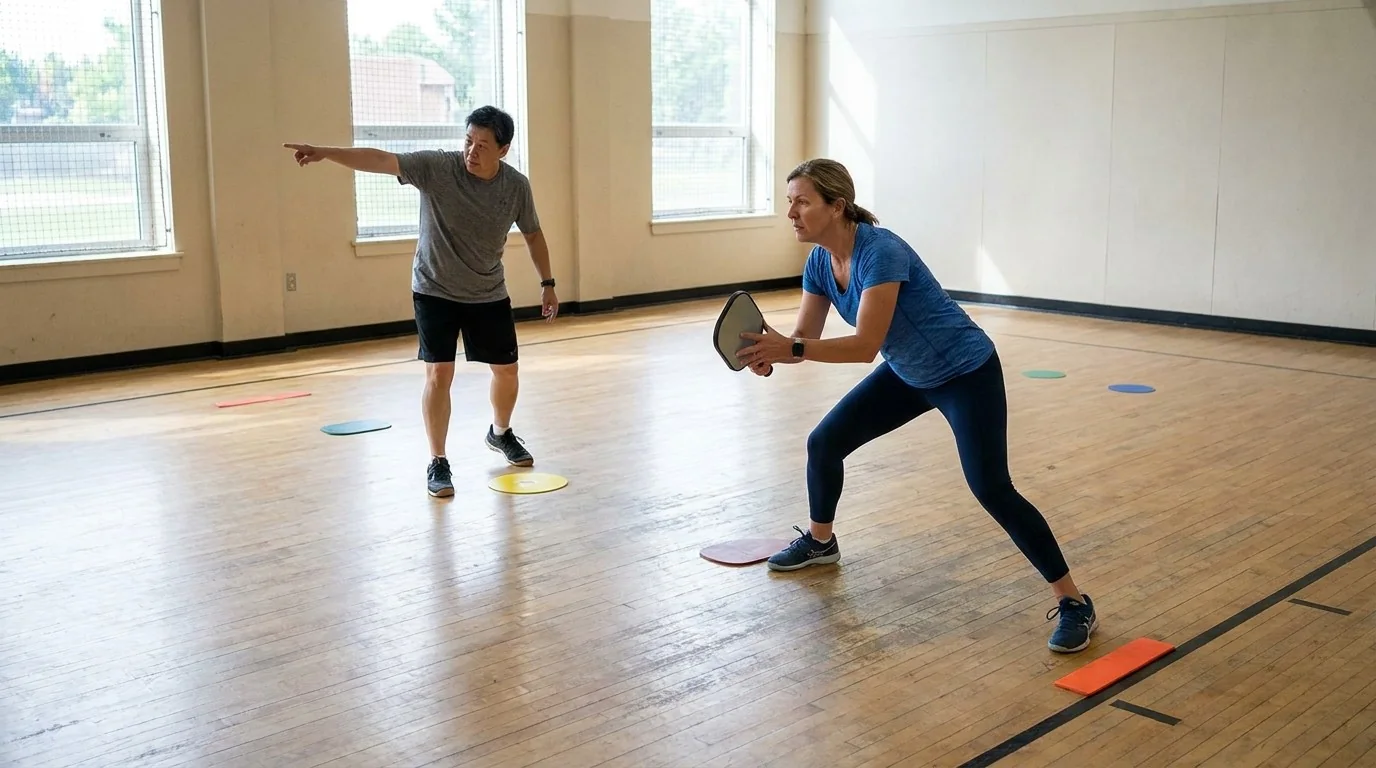 Pickleball footwork practice showing split-step moments during movement toward the kitchen