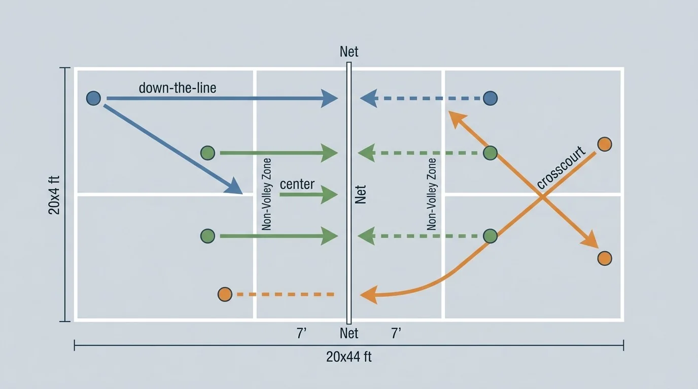 Diagrama de tres recorridos coordinados para cubrir la pista en dobles