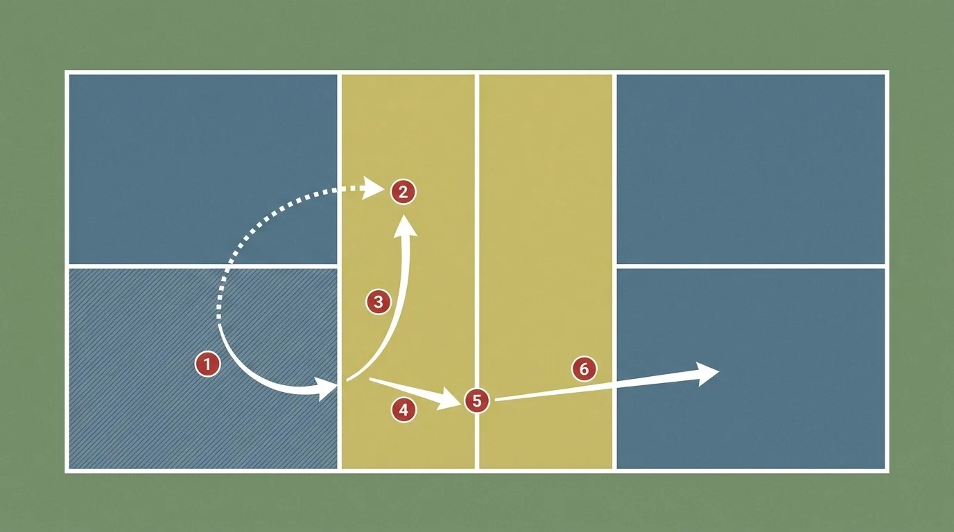 Overhead diagram of receiver space, serve bounce, contact, and recovery path