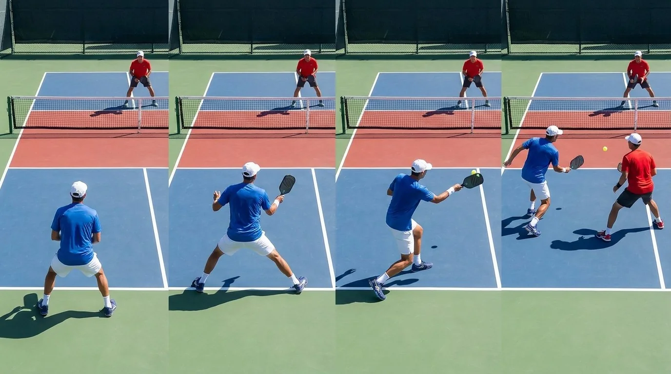 Instructional sequence showing return contact followed by balanced forward recovery
