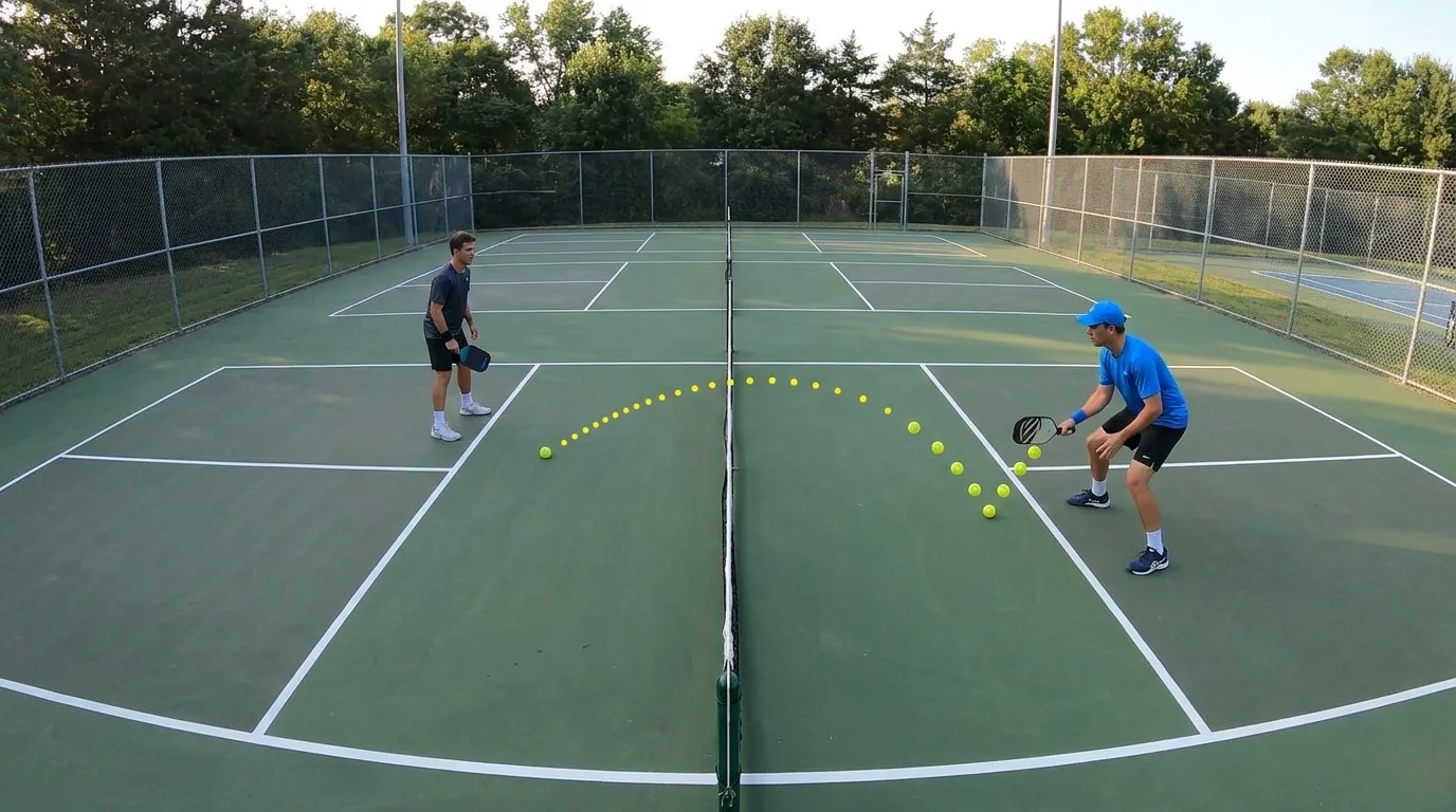 Zwei Pickleball-Spieler üben gehaltene Dinks mit wechselnden Zielzonen