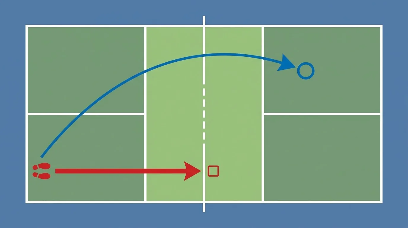 Overhead pickleball diagram showing backhand contact and recovery toward center