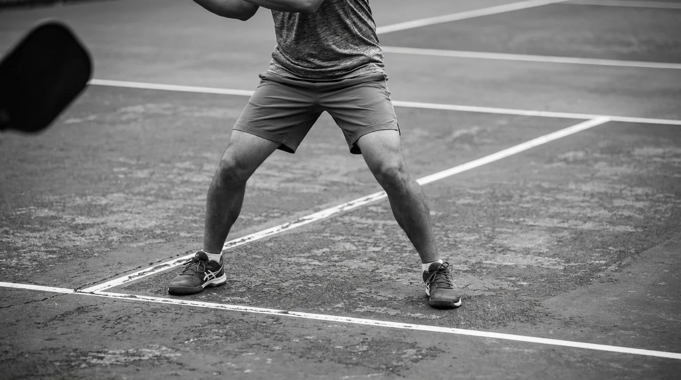 Pickleball backhand recovery footwork with stable feet after contact