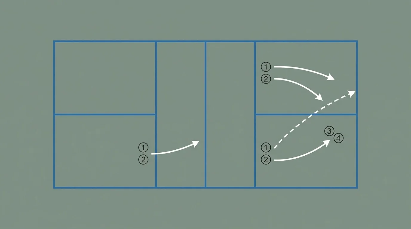 Overhead pickleball diagram of partners shifting together after a wide ball