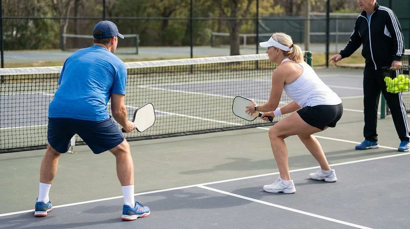 Doubles players in balanced positions during a pickleball transition reset drill