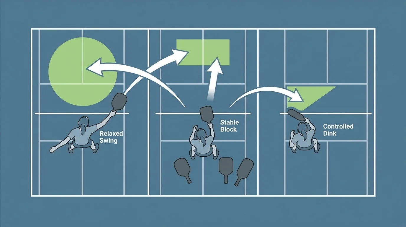 Spieltest mit drei Paddle-Optionen: Bereitschaft, Block und kontrollierter Dink