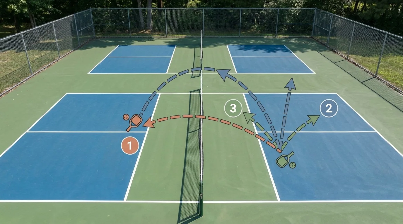 Diagrama das três decisões possíveis no quarto golpe do pickleball