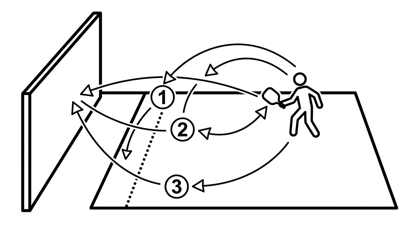 Diagram of a wall rally with prepared paddle, contact, and recovery positions