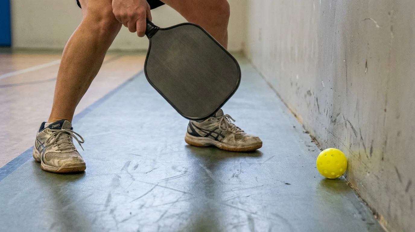 Close view of balanced feet and prepared paddle during a pickleball wall rally