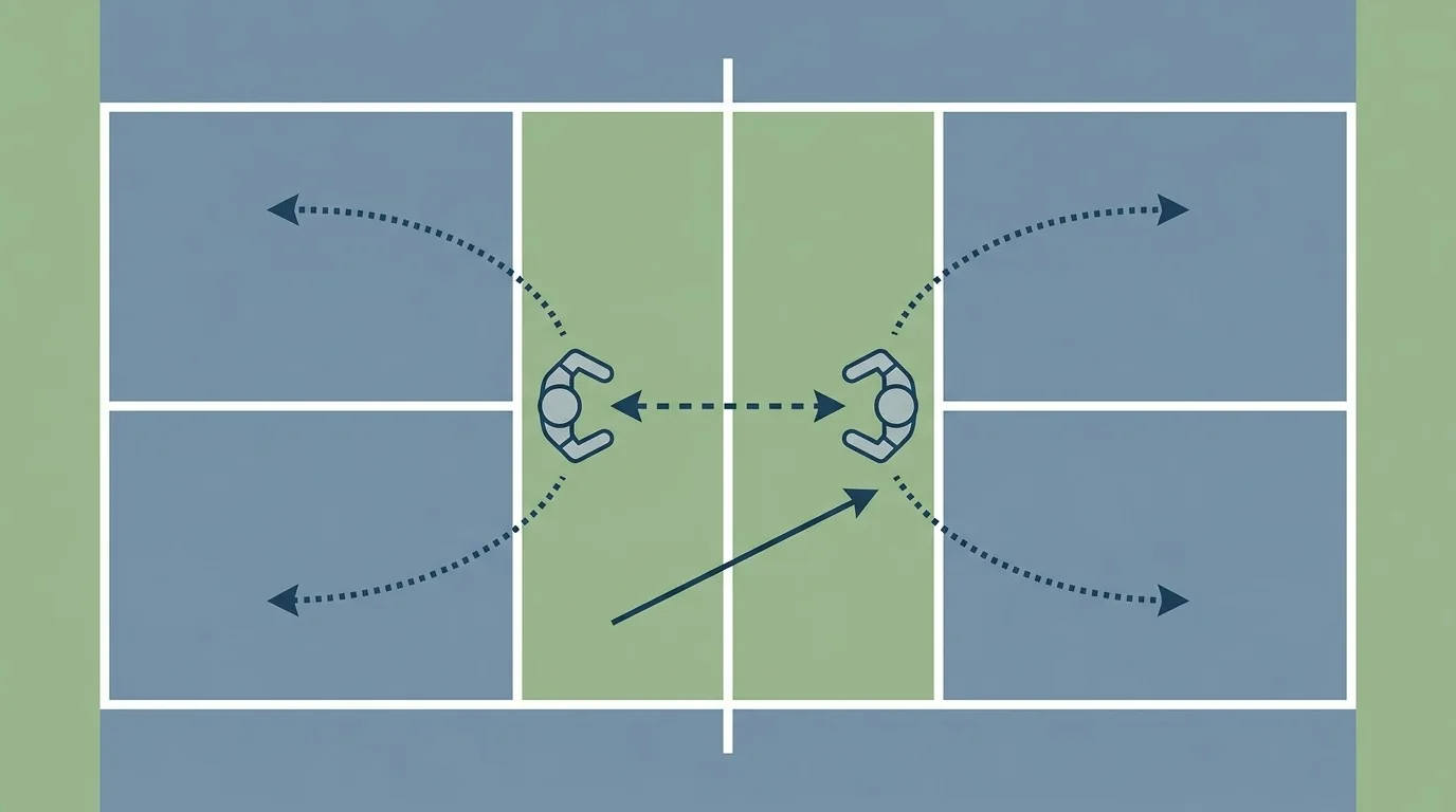 Overhead diagram of two pickleball partners mirroring lateral movement while keeping spacing