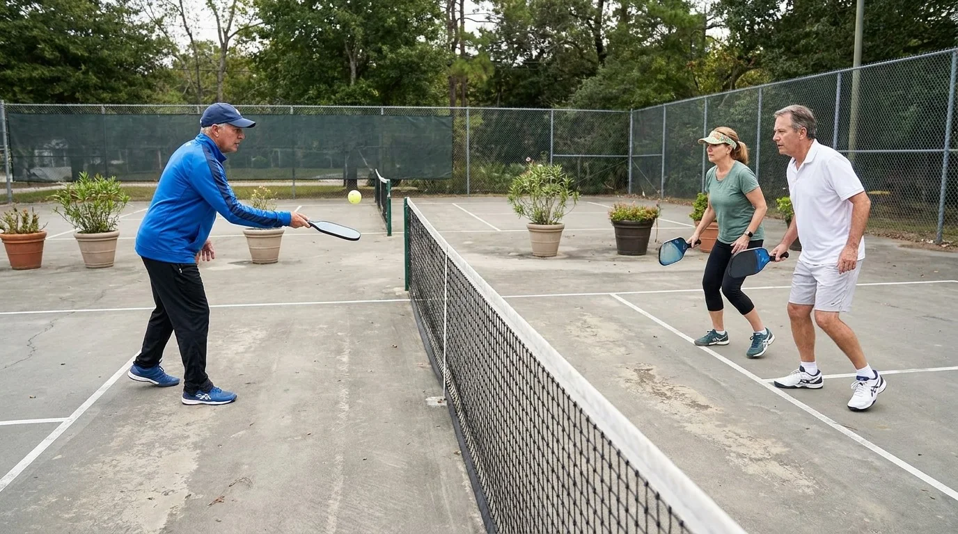 Two pickleball doubles partners practising a controlled mirror drill with a coach feed