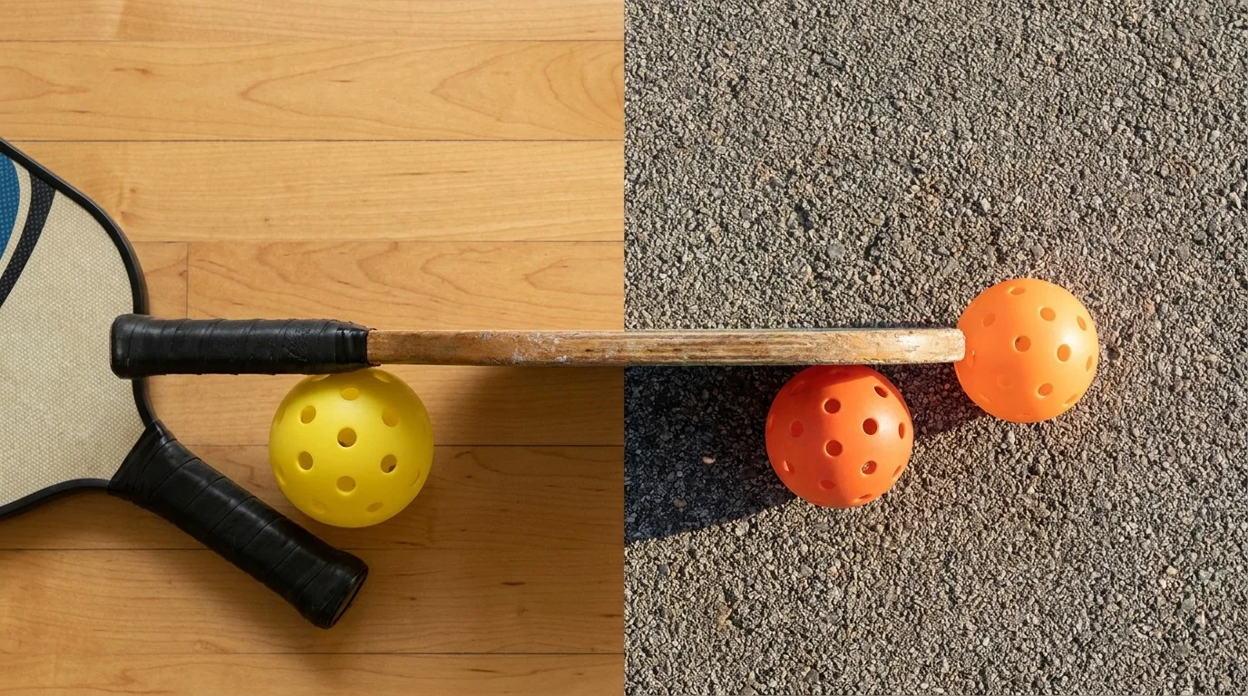 Comparação visual de bolas de pickleball em quadra coberta e quadra externa
