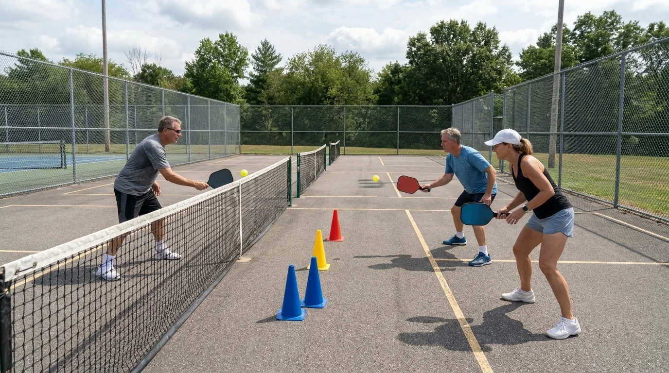 Two pickleball players practising controlled dinks toward three kitchen targets