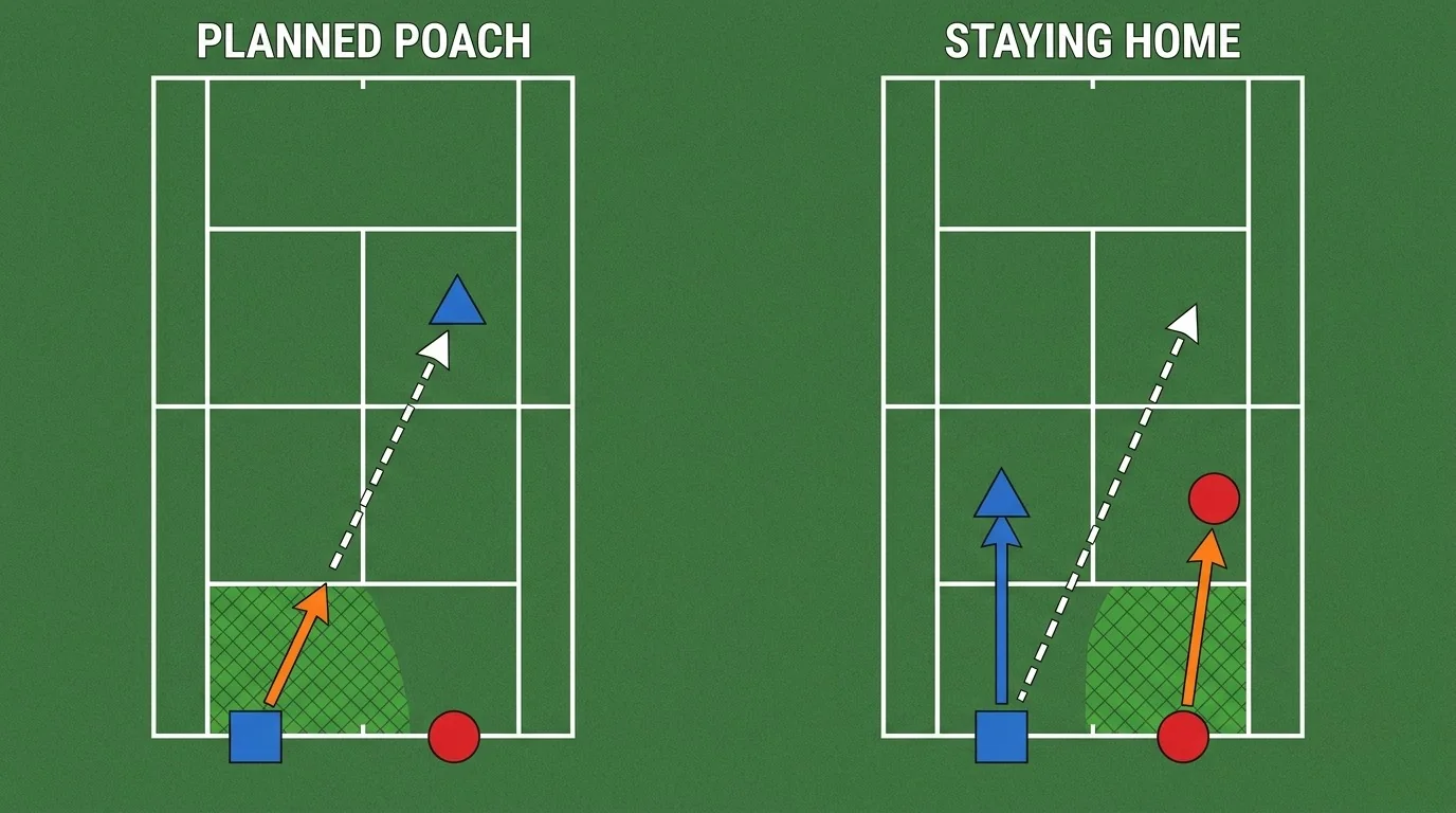 Overhead pickleball diagram comparing planned and opportunistic poach movement