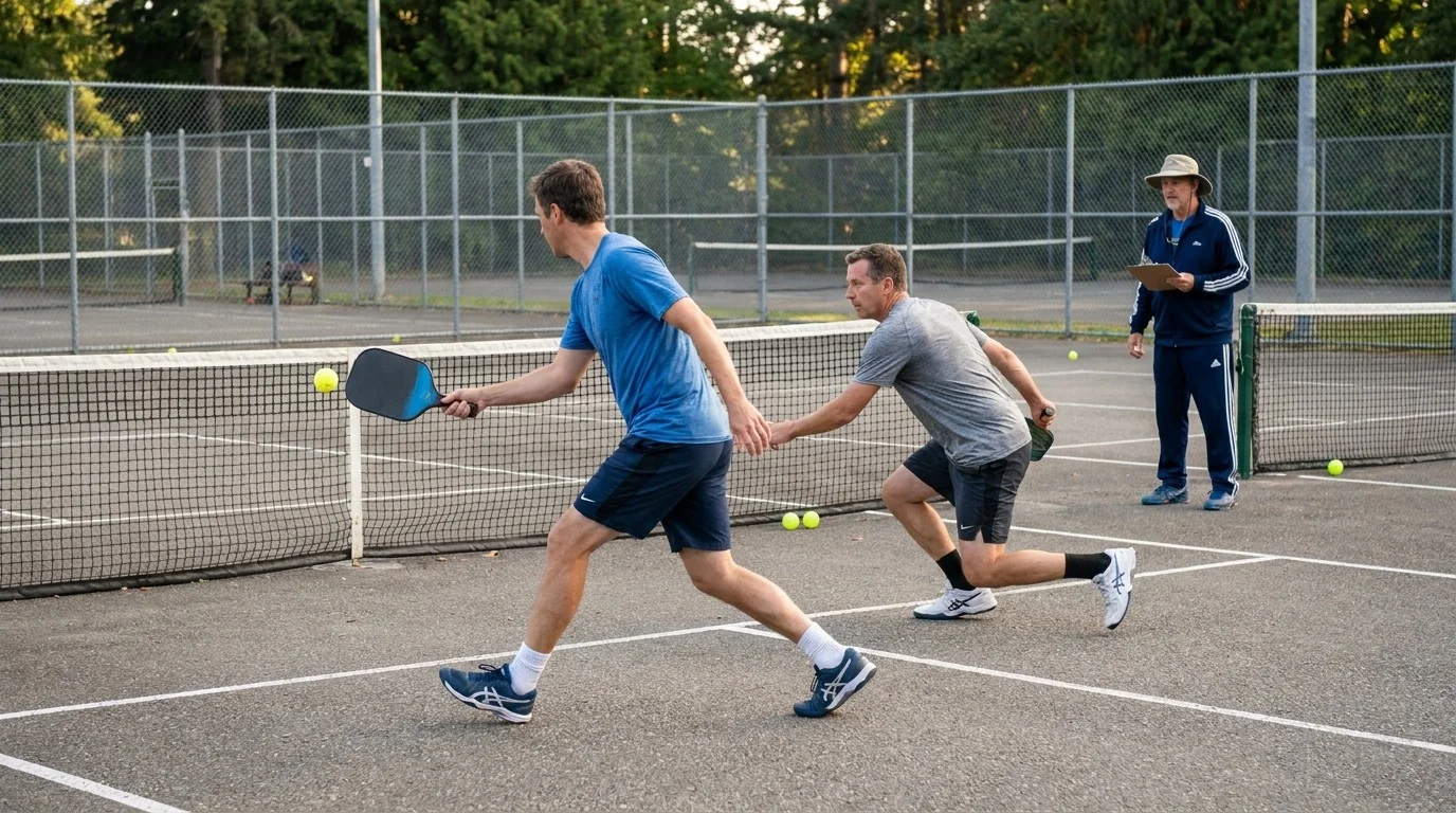 Two pickleball partners practising a poach call with coordinated recovery