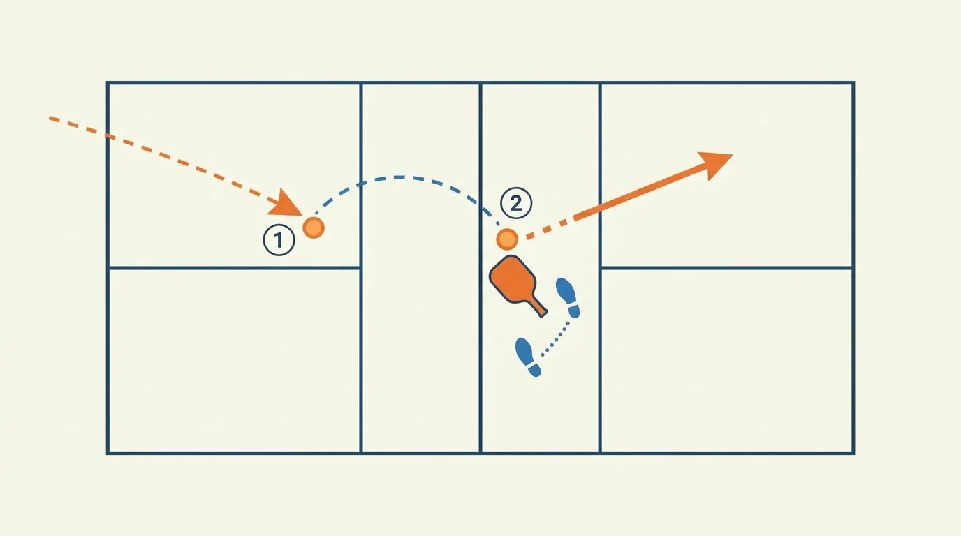 Overhead-Diagramm für Treffpunkt, Absprung und Anpassungsschritte beim Short Hop
