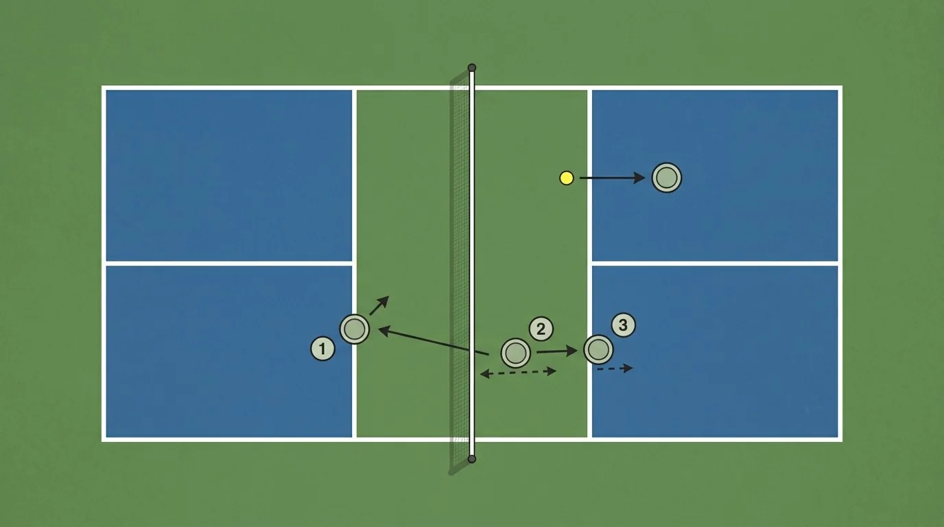 Overhead diagram of split-step timing and short recovery steps on a pickleball court