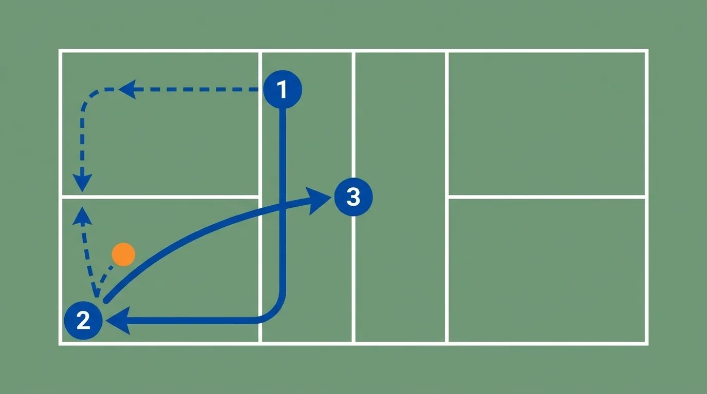 Schematische Laufroute gegen einen tiefen Lob mit seitlicher Drehung und sicherem Rückschlag